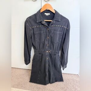 Revelation Women's XS Denim Black Button-Up Shirt Dress Pockets Frayed Hemline